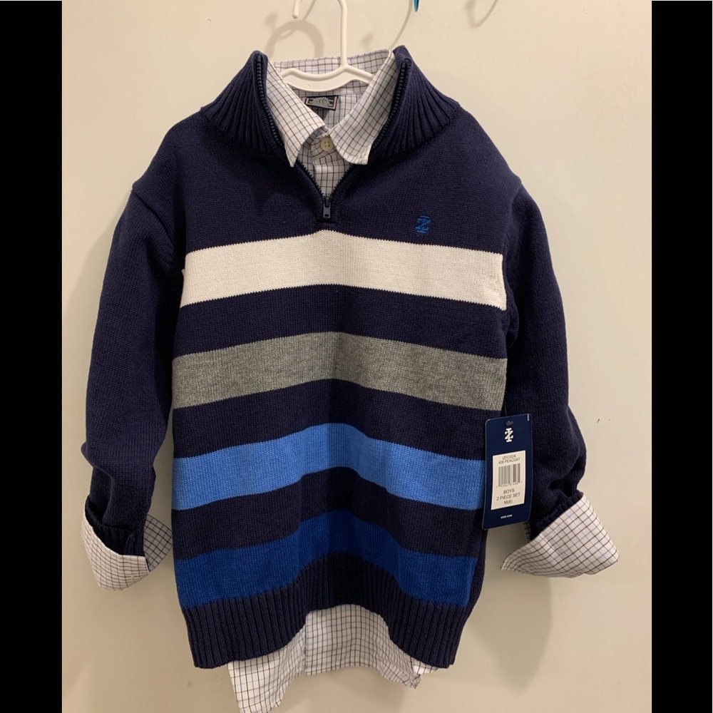 IZOD Boys Two piece Sweater Button Down Shirt Set Size 8 Nee with Tags Navy Blue